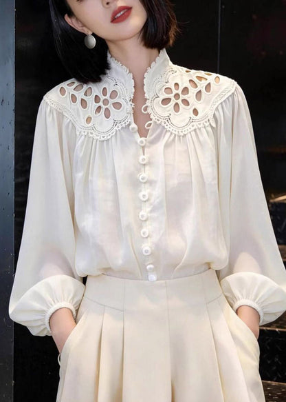 Elegant White Embroidered Hollow Out Lantern Shirt Spring