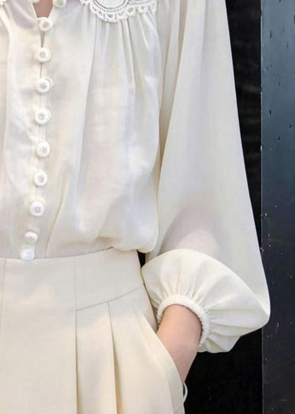 Elegant White Embroidered Hollow Out Lantern Shirt Spring
