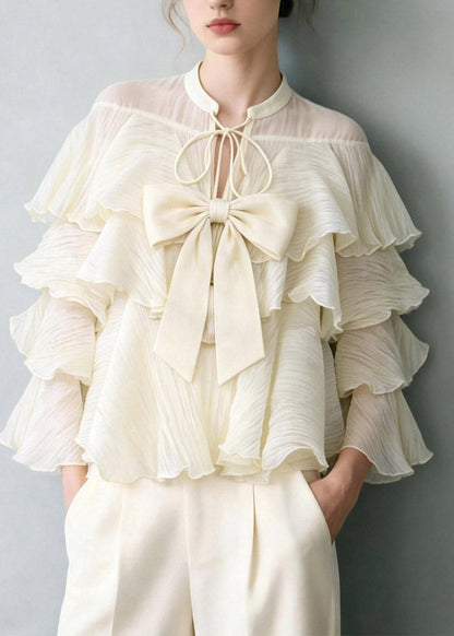 Elegant White Tie Lace Bow Ruffled Patchwork Top Spring