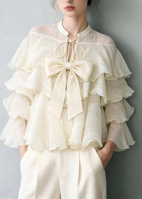 Elegant White Tie Lace Bow Ruffled Patchwork Top Spring