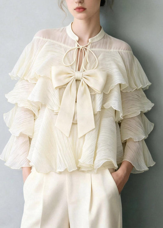 Elegant White Tie Lace Bow Ruffled Patchwork Top Spring