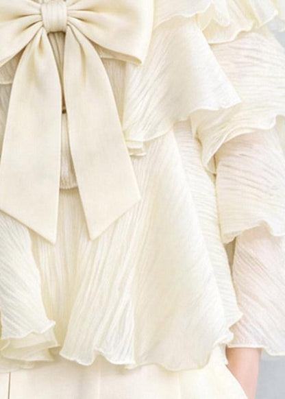 Elegant White Tie Lace Bow Ruffled Patchwork Top Spring