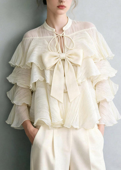 Elegant White Tie Lace Bow Ruffled Patchwork Top Spring
