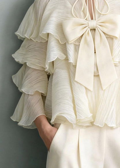 Elegant White Tie Lace Bow Ruffled Patchwork Top Spring