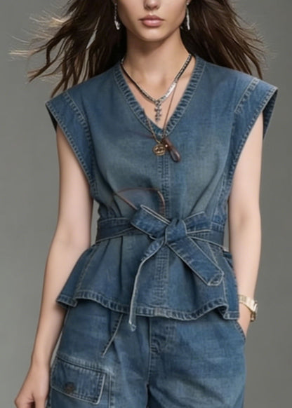 Fashion Blue V Neck Bow Denim Two Piece Set Outfits Summer