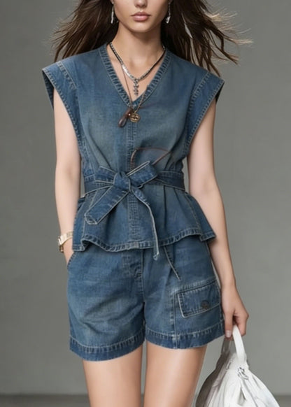 Fashion Blue V Neck Bow Denim Two Piece Set Outfits Summer