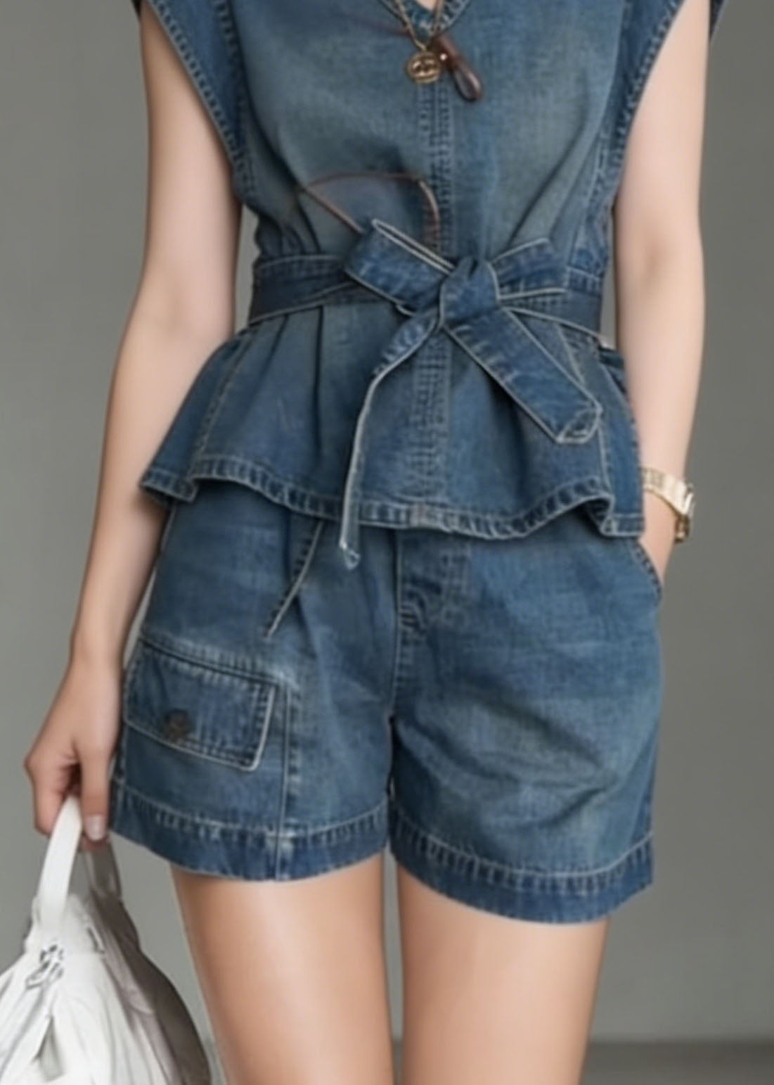 Fashion Blue V Neck Bow Denim Two Piece Set Outfits Summer