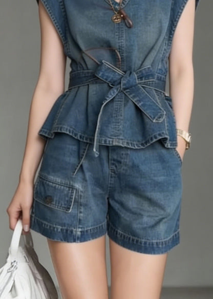Fashion Blue V Neck Bow Denim Two Piece Set Outfits Summer