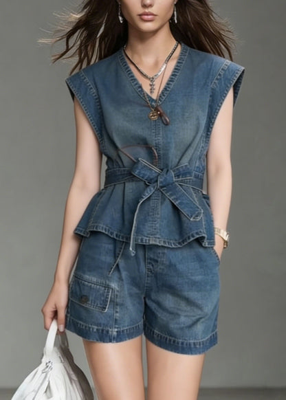 Fashion Blue V Neck Bow Denim Two Piece Set Outfits Summer