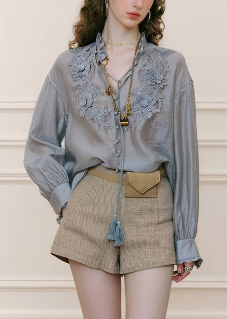 French Smog Blue V Neck Embroidered Floral Shirts Spring