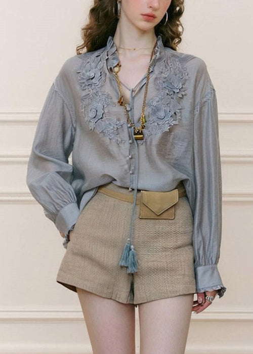 French Smog Blue V Neck Embroidered Floral Shirts Spring