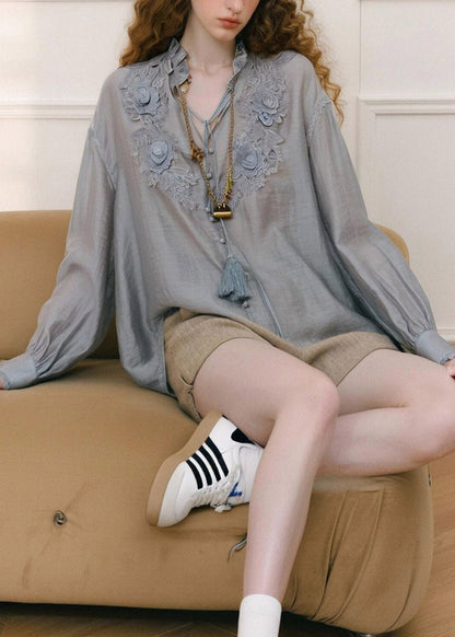French Smog Blue V Neck Embroidered Floral Shirts Spring
