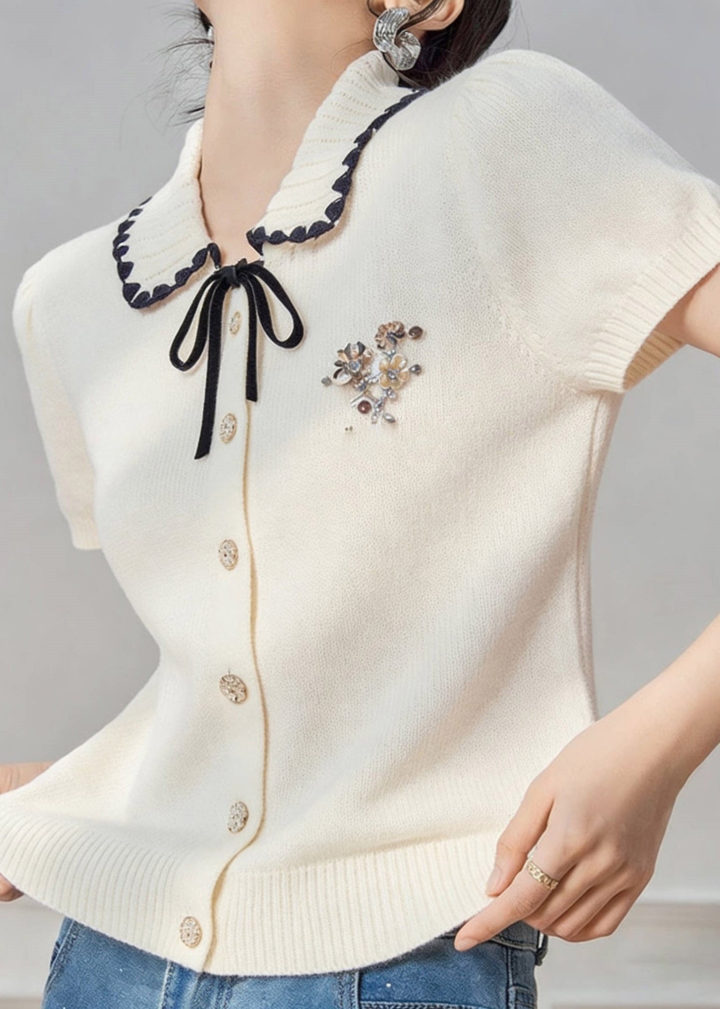 French White Peter Pan Collar Tie Lace Knit Top Short Sleeve