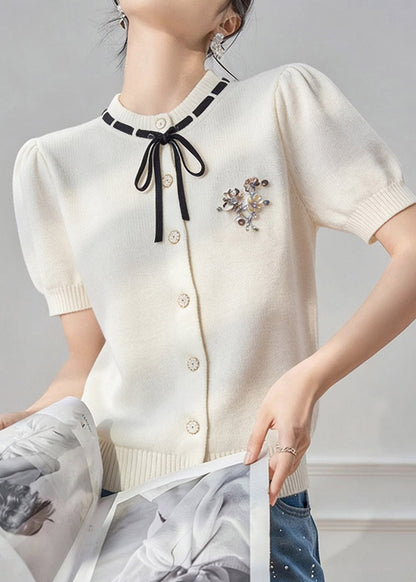 French White Peter Pan Collar Tie Lace Knit Top Short Sleeve