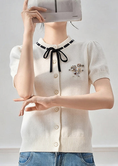 French White Peter Pan Collar Tie Lace Knit Top Short Sleeve