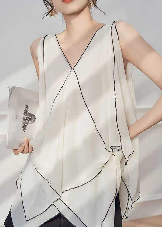 French White V Neck Asymmetrical Striped Chiffon Top Sleeveless