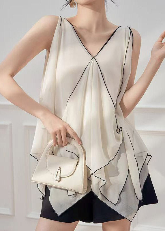 French White V Neck Asymmetrical Striped Chiffon Top Sleeveless