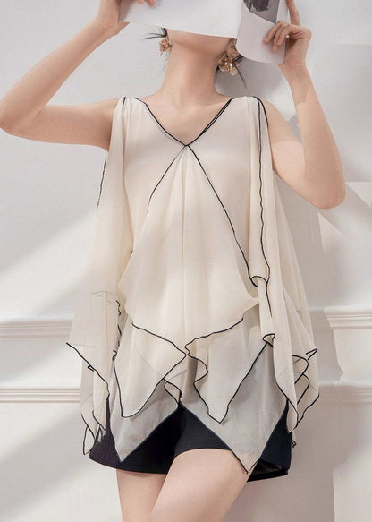 French White V Neck Asymmetrical Striped Chiffon Top Sleeveless