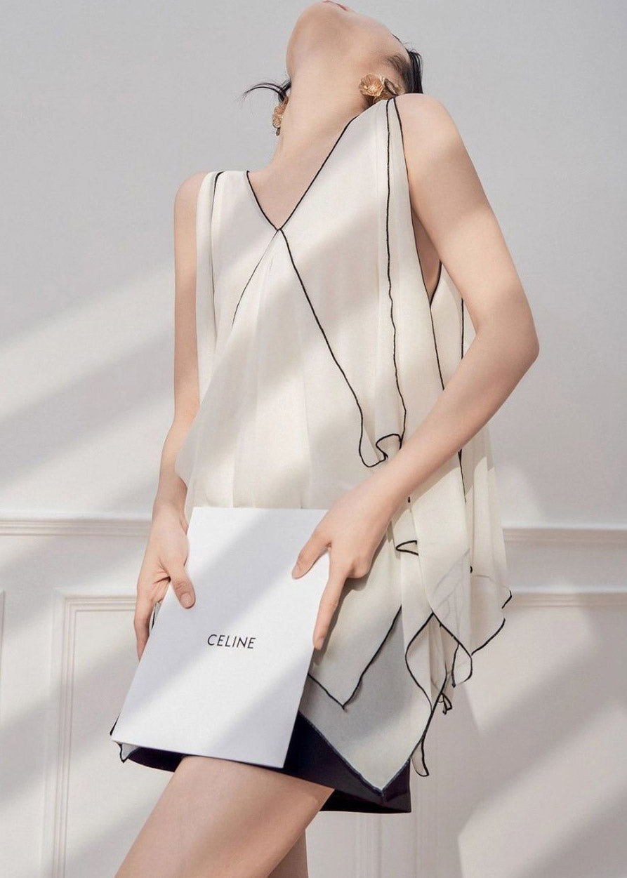 French White V Neck Asymmetrical Striped Chiffon Top Sleeveless