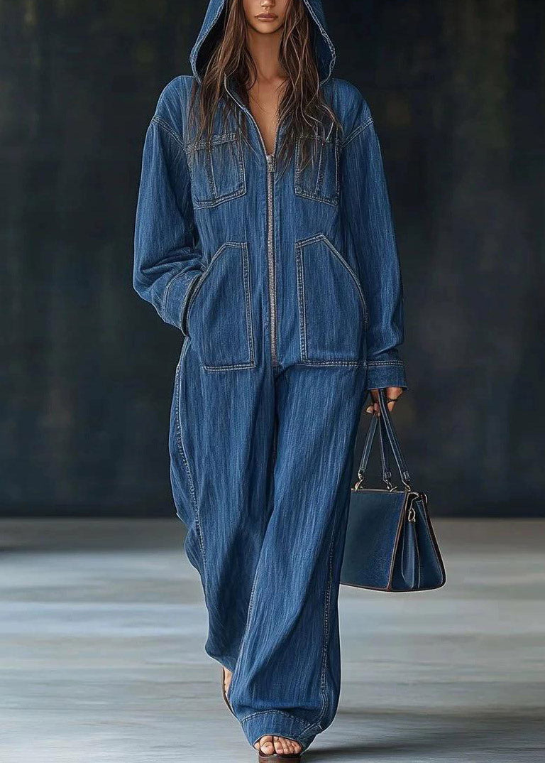 Handmade Blue Zippered Patchwork Denim Hooded Jumpsuit Spring