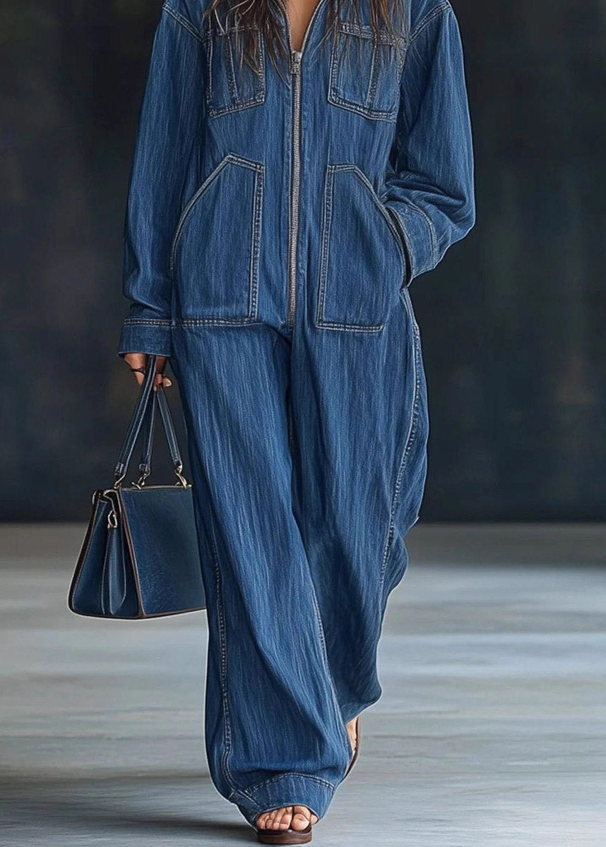 Handmade Blue Zippered Patchwork Denim Hooded Jumpsuit Spring