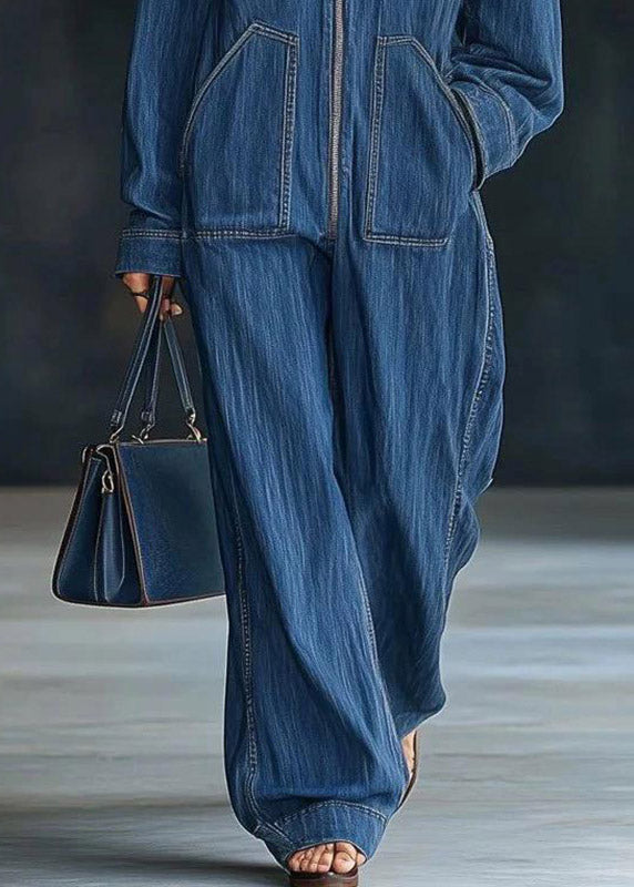 Handmade Blue Zippered Patchwork Denim Hooded Jumpsuit Spring