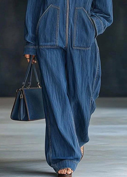 Handmade Blue Zippered Patchwork Denim Hooded Jumpsuit Spring