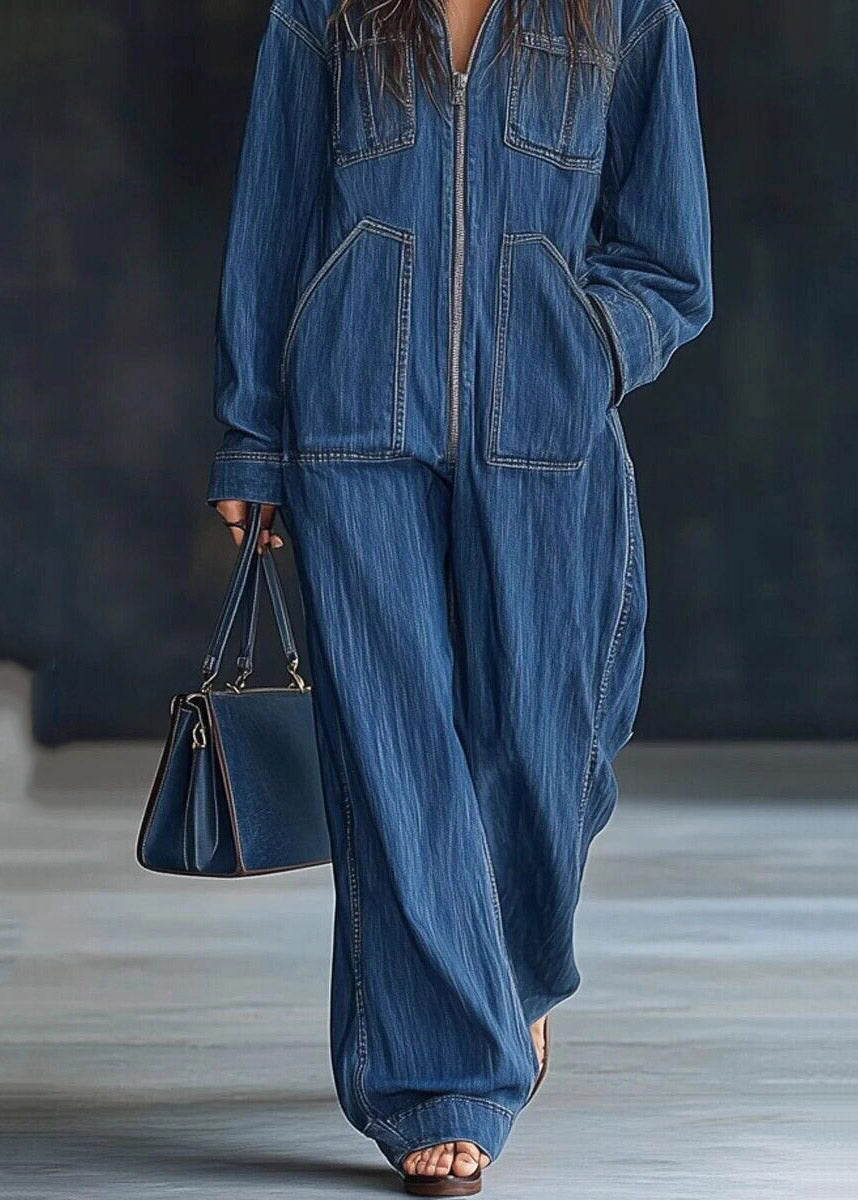 Handmade Blue Zippered Patchwork Denim Hooded Jumpsuit Spring