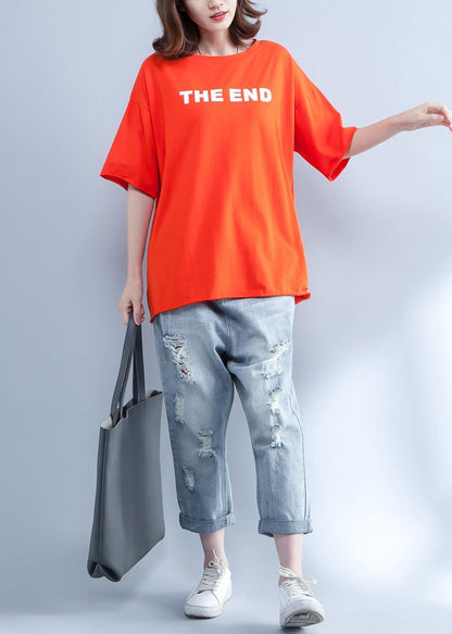 Handmade orange cotton clothes For Women prints o neck short summer shirt