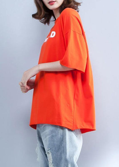 Handmade orange cotton clothes For Women prints o neck short summer shirt