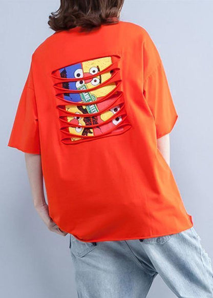 Handmade orange cotton clothes For Women prints o neck short summer shirt