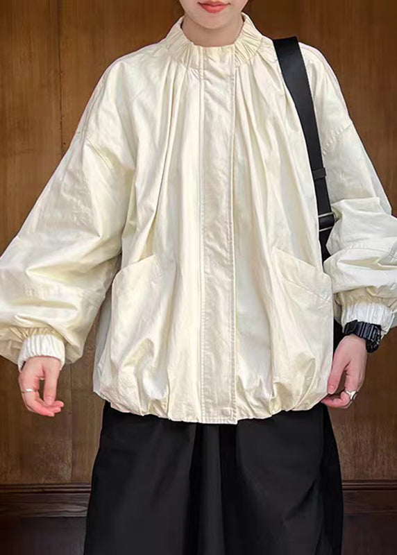 Loose Apricot Stand Collar Pockets Coats Lantern Sleeve
