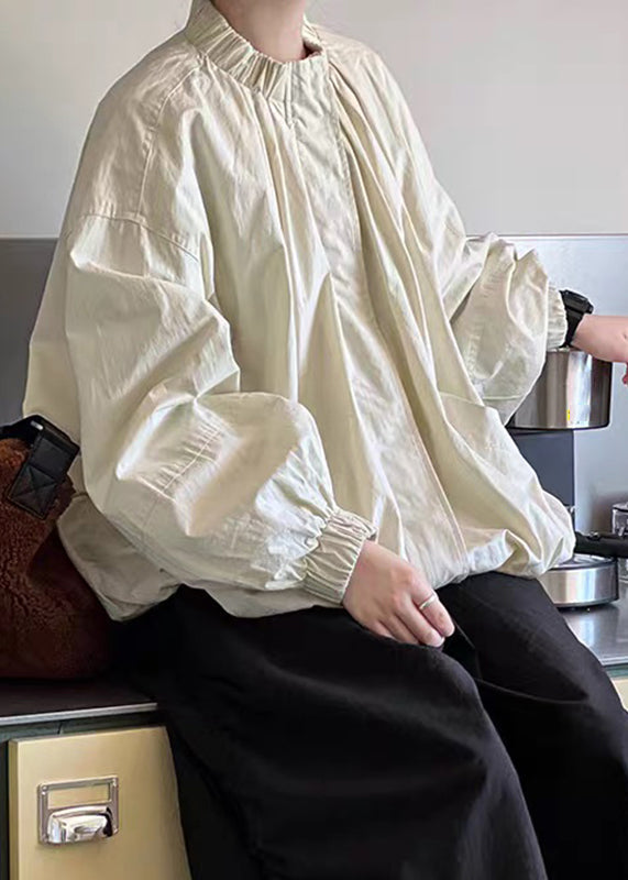 Loose Apricot Stand Collar Pockets Coats Lantern Sleeve