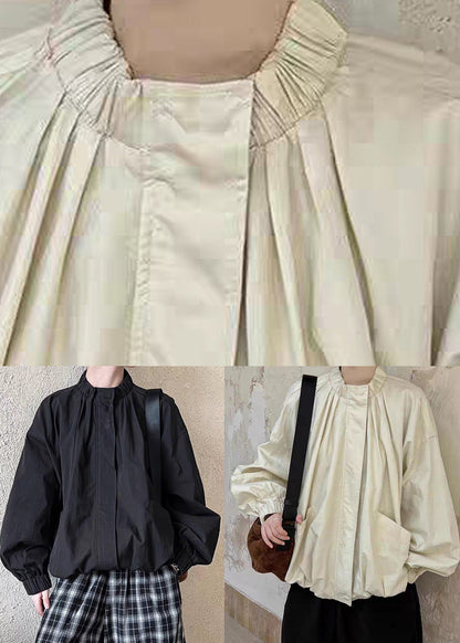 Loose Apricot Stand Collar Pockets Coats Lantern Sleeve