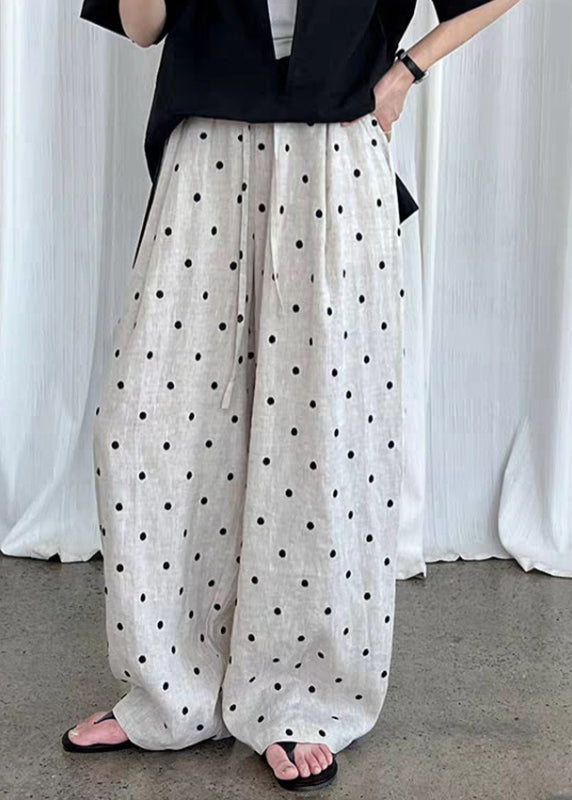 Loose Light Grey Dot Print Elastic Waist Wide Leg Pants Summer