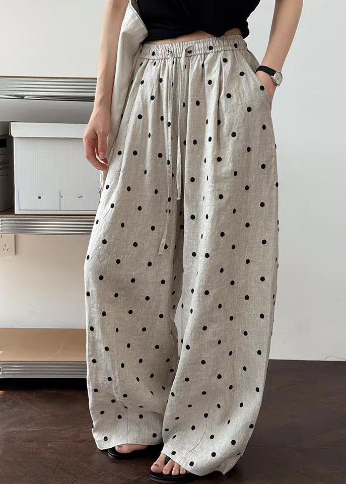 Loose Light Grey Dot Print Elastic Waist Wide Leg Pants Summer