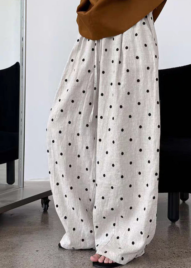 Loose Light Grey Dot Print Elastic Waist Wide Leg Pants Summer