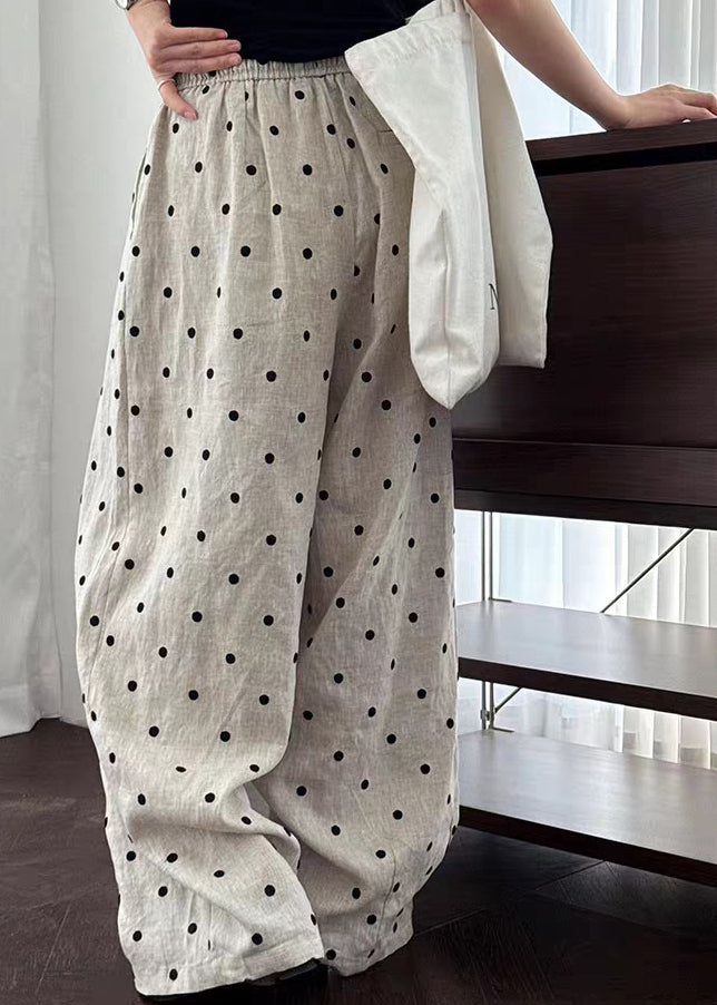 Loose Light Grey Dot Print Elastic Waist Wide Leg Pants Summer