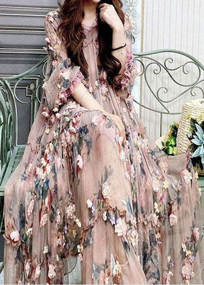 Modern Embroidered Floral Ruffled Tulle Long Dress Lantern Sleeve