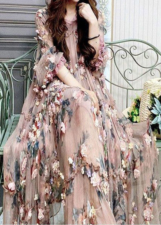 Modern Embroidered Floral Ruffled Tulle Long Dress Lantern Sleeve