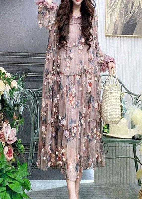 Modern Embroidered Floral Ruffled Tulle Long Dress Lantern Sleeve