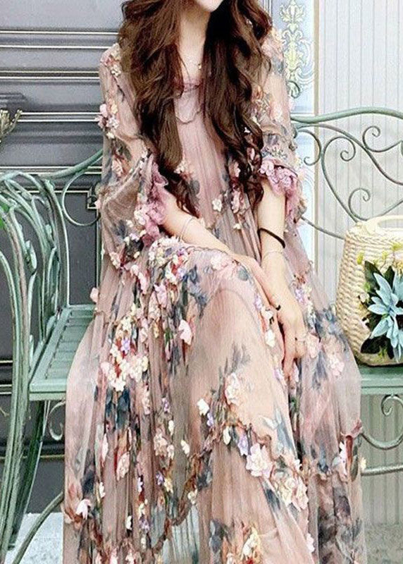 Modern Embroidered Floral Ruffled Tulle Long Dress Lantern Sleeve
