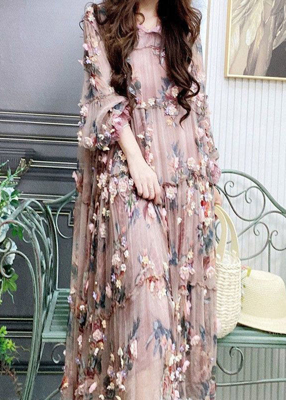 Modern Embroidered Floral Ruffled Tulle Long Dress Lantern Sleeve