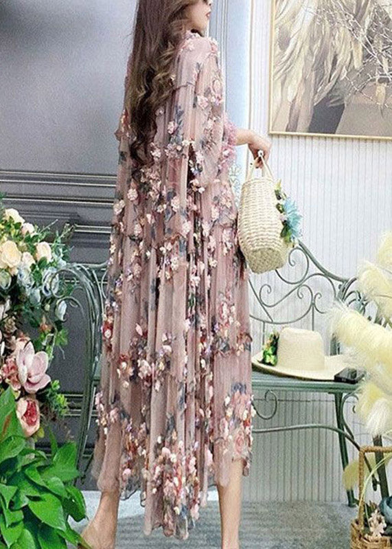 Modern Embroidered Floral Ruffled Tulle Long Dress Lantern Sleeve