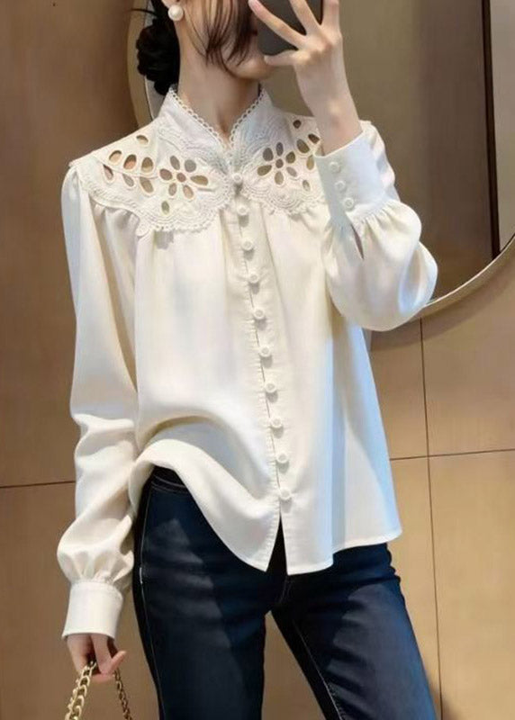 Modern White Stand Collar Hollow Out Shirt Lantern Sleeve
