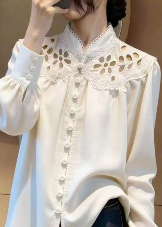 Modern White Stand Collar Hollow Out Shirt Lantern Sleeve