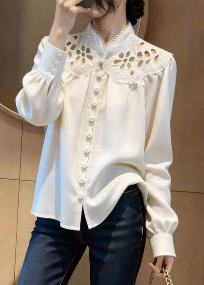 Modern White Stand Collar Hollow Out Shirt Lantern Sleeve