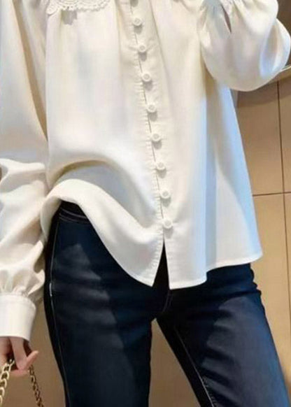 Modern White Stand Collar Hollow Out Shirt Lantern Sleeve