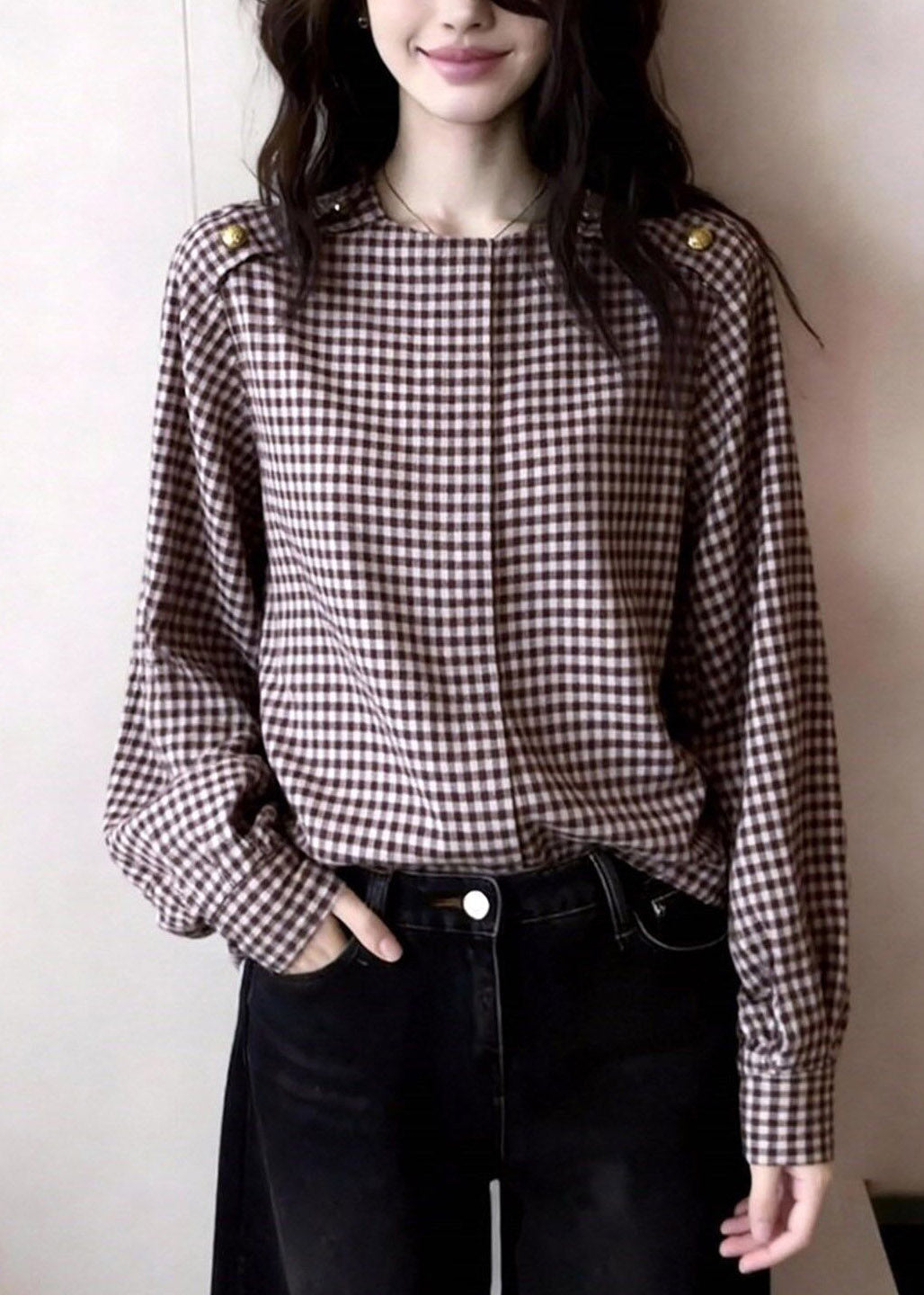 Natural Plaid Button Patchwork Shirt Spring