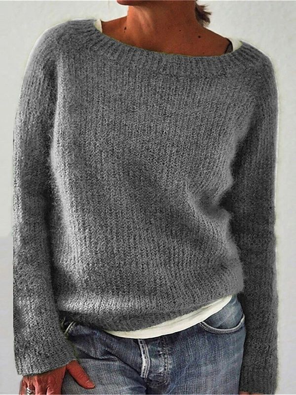New women's solid color basic knit sweater round neck
